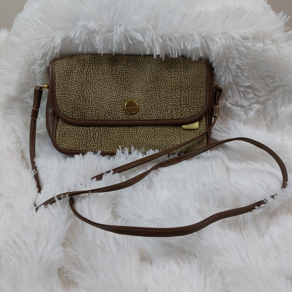Borbonese Redwall Brown Leather Made In Italy Vintage‎ Top Zip Crossbody Purse